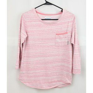 Columbia Pink White Striped Jersey Knit Pullover Crew Neck 3/4 Sleeve Shirt Top